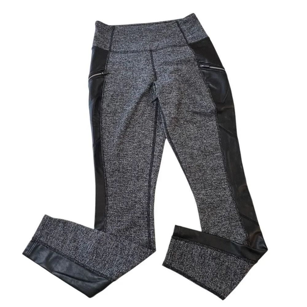 Athleta Faux Leather Herringbone Luxe Metro Drifter Leggings Black Gray XS